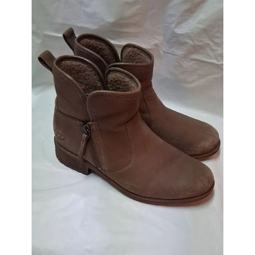 UGG Chestnut Leather Shearling-Lined Ankle Boots Size 9 Preowned